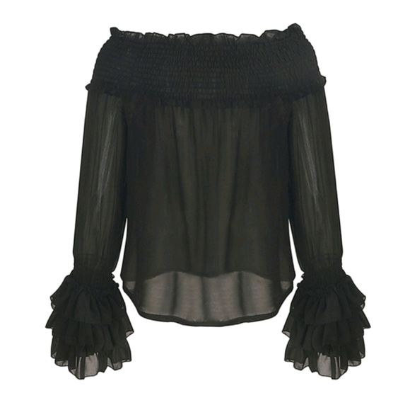 Chiffon Off-Shoulder Blouse for Women – Tiered Cuff Long Sleeves - Picture 3 of 5